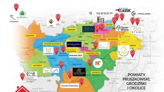 Mapa inwestycji deweloperskich powiatu pruszkowskiego, grodziskiego i okolic - jesień 2026