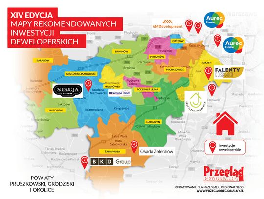 Mapa inwestycji deweloperskich powiatu pruszkowskiego, grodziskiego i okolic - wiosna 2026