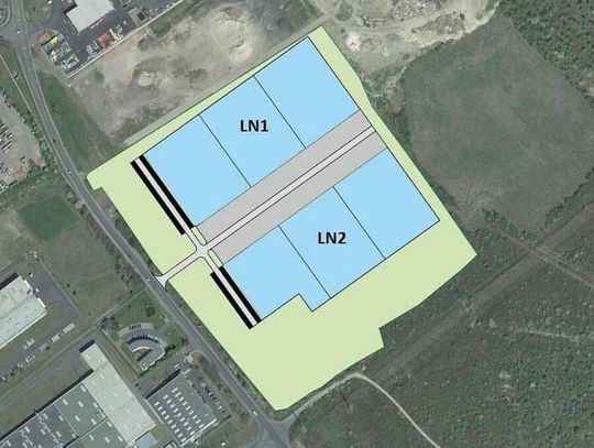 Planowane rozmieszczenie dwóch hal magazynowo-usługowo-produkcyjnych w Szamotach. Źródło: raport oddziaływania na środowisko, ECO-DORADZTWO, 5 września 2025 r.