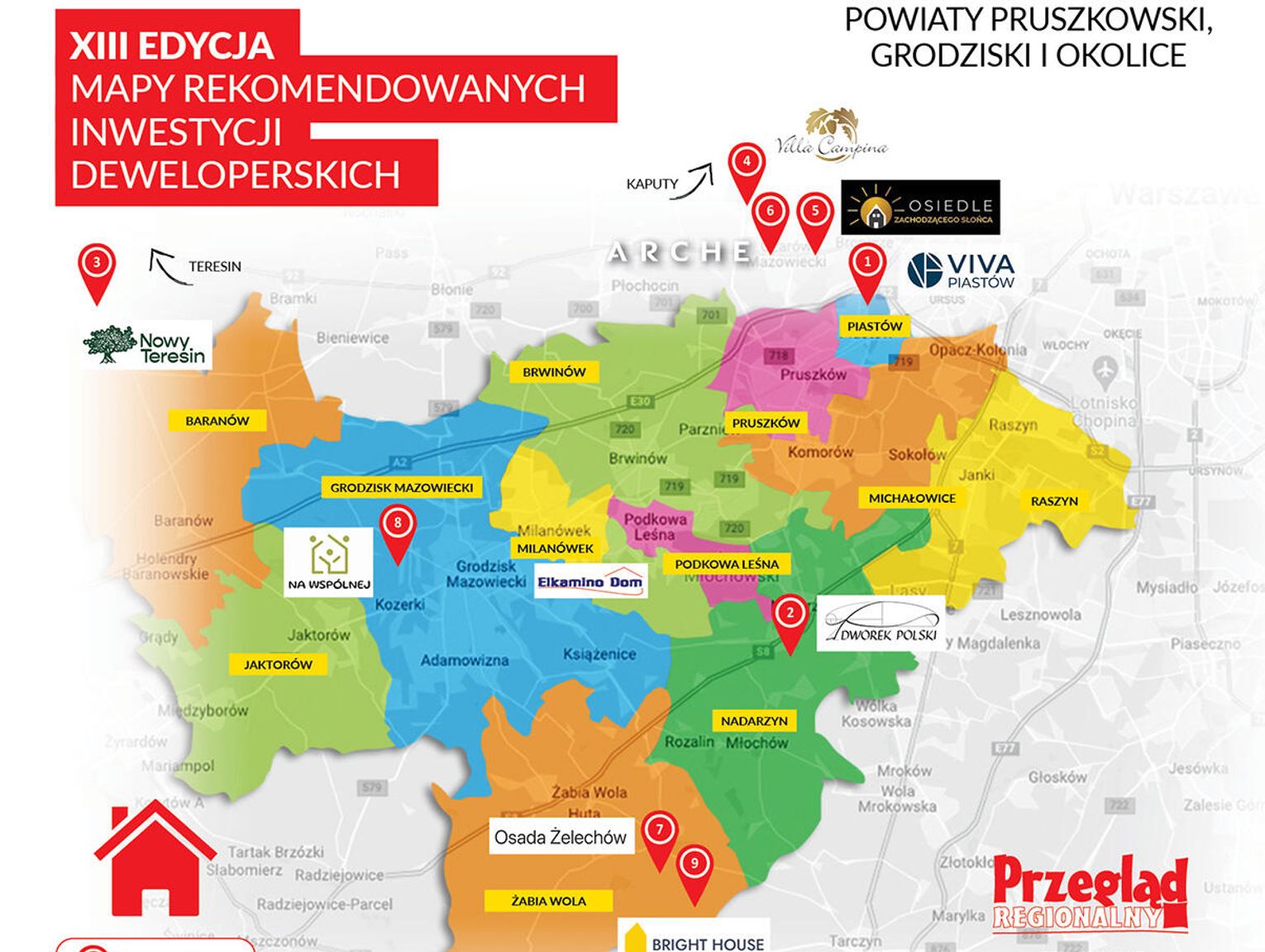 Mapa inwestycji deweloperskich powiatu pruszkowskiego, grodziskiego i okolic - jesień 2025