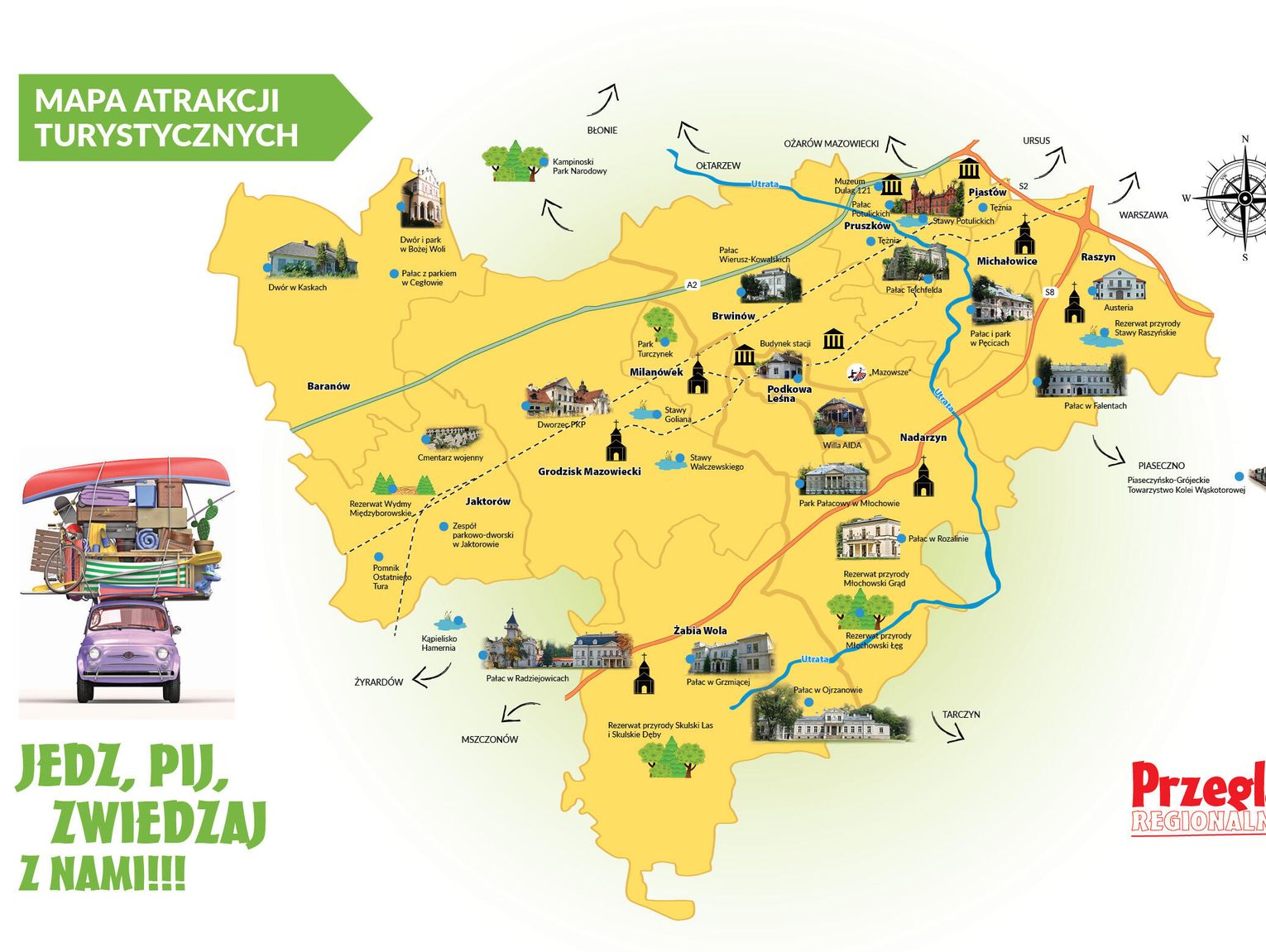 Mapa turystyczno-gastronomiczna powiatu pruszkowskiego, grodziskiego i okolic 2025