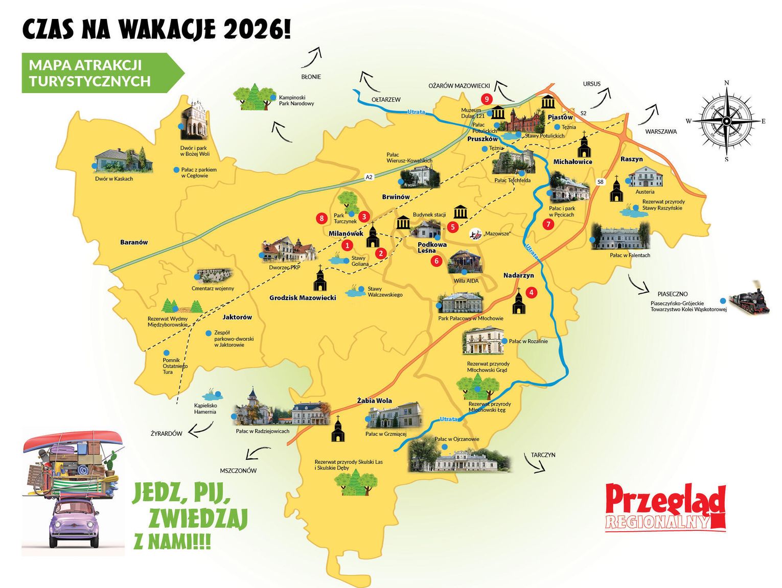 Mapa turystyczno-gastronomiczna powiatu pruszkowskiego, grodziskiego i okolic 2026