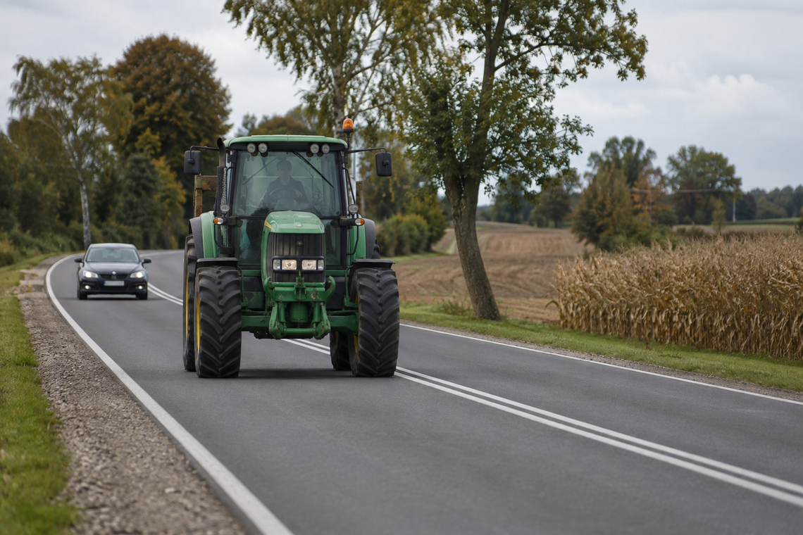 Traktor jedzie przed tobą, a na drodze podwójna ciągła. Czy wolno go wyprzedzić?