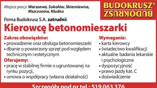 Firma Budokrusz S.A. zatrudni: Kierowcę betonomieszarki