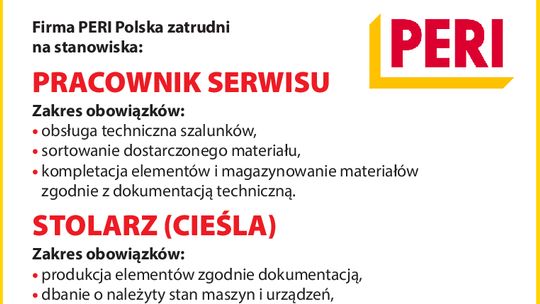 Firma PERI Polska zatrudni Pracownika Serwisu i Stolarza (Cieślę)