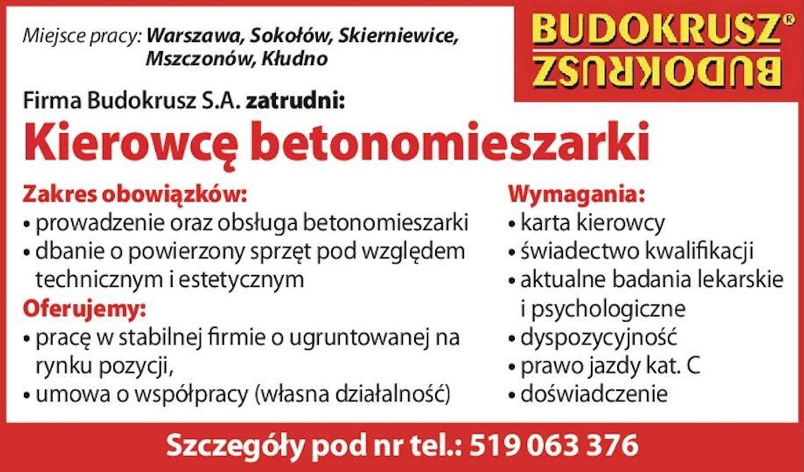 Firma Budokrusz S.A. zatrudni: Kierowcę betonomieszarki