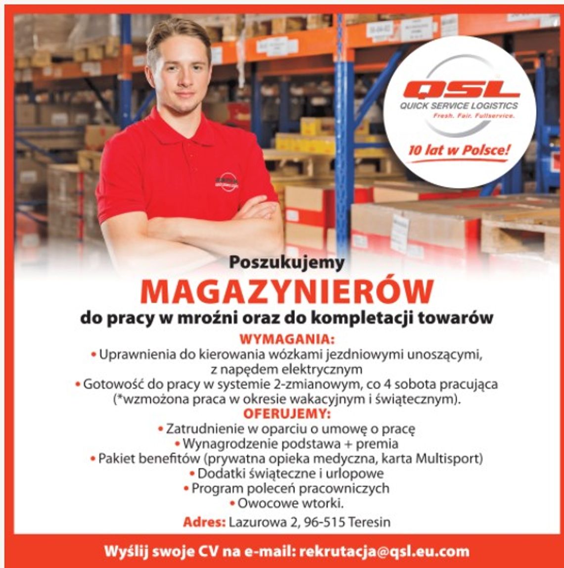 Magazynierów do pracy w mroźni oraz do kompletacji towarów