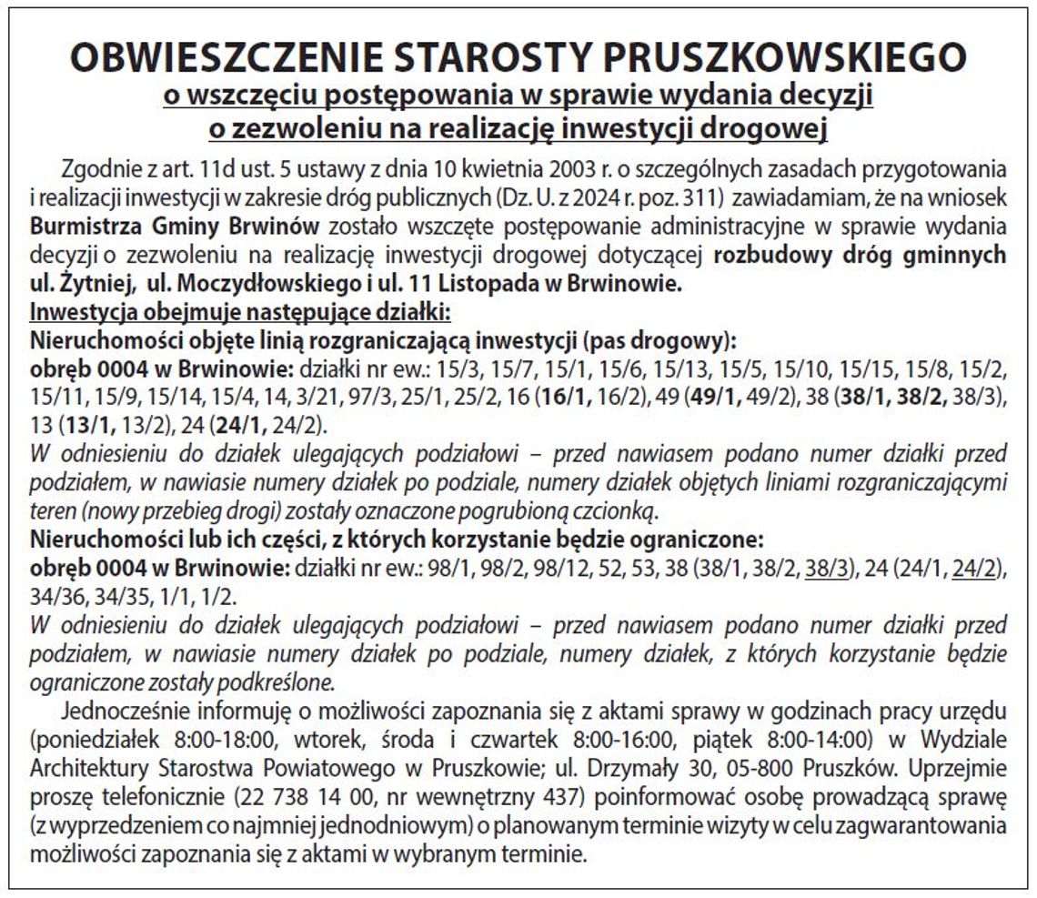 OBWIESZCZENIE Starosty Pruszkowskiego OBWIESZCZENIE Starosty Pruszkowskiego