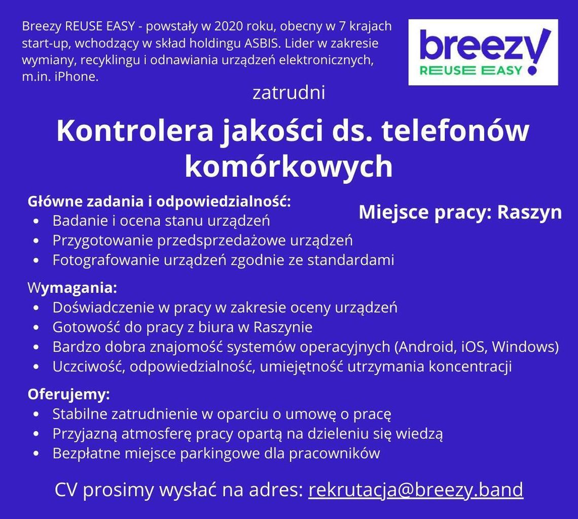PRACA- KONTROLER JAKOŚCI DS. TELEFONÓW KOMÓRKOWYCH PRACA- KONTROLER JAKOŚCI DS. TELEFONÓW KOMÓRKOWYCH