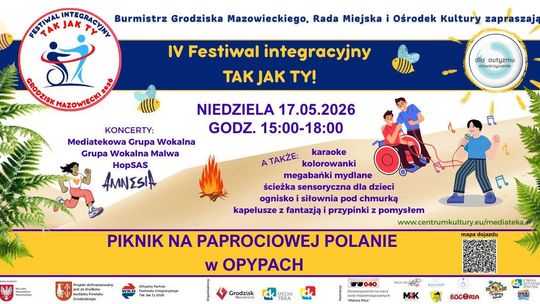 Plakat IV Festiwalu „Tak Jak Ty!”. Piknik w Opypach, 17.05.2026, godz. 15–18. W programie koncerty (Amnesia, HopSAS i inne), karaoke, warsztaty, bańki mydlane i ścieżka sensoryczna. Ilustracja przedstawia integrujące się osoby przy ognisku. Kod QR z mapą dojazdu.