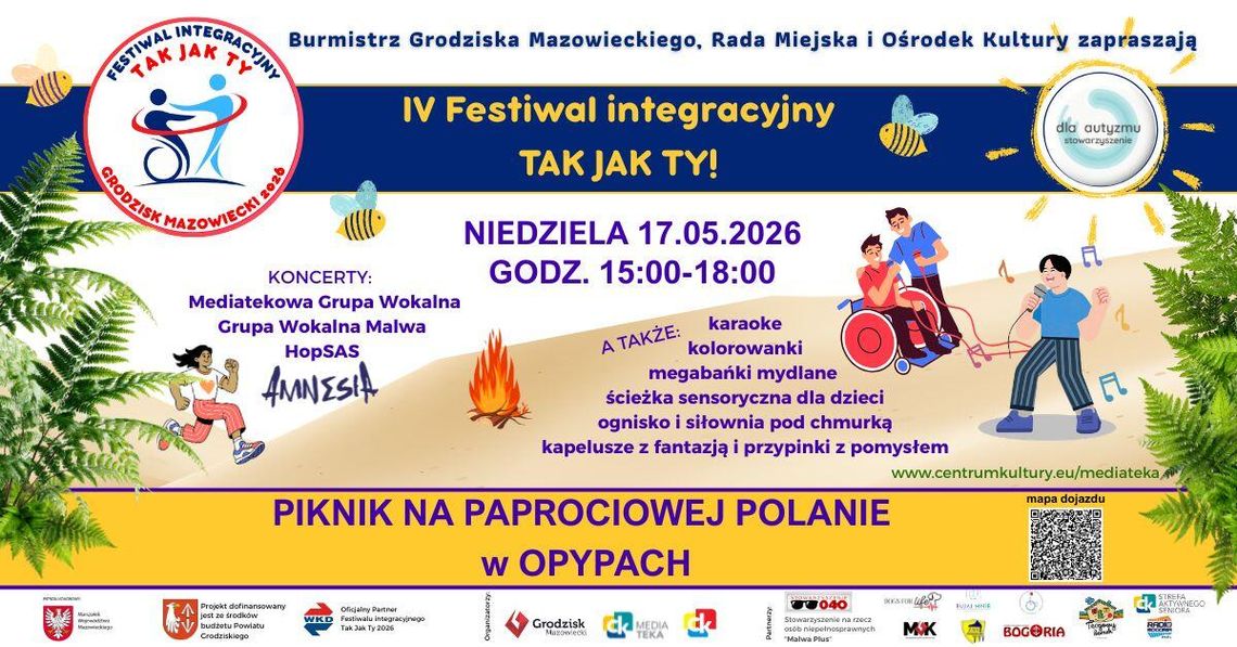 Plakat IV Festiwalu „Tak Jak Ty!”. Piknik w Opypach, 17.05.2026, godz. 15–18. W programie koncerty (Amnesia, HopSAS i inne), karaoke, warsztaty, bańki mydlane i ścieżka sensoryczna. Ilustracja przedstawia integrujące się osoby przy ognisku. Kod QR z mapą dojazdu.