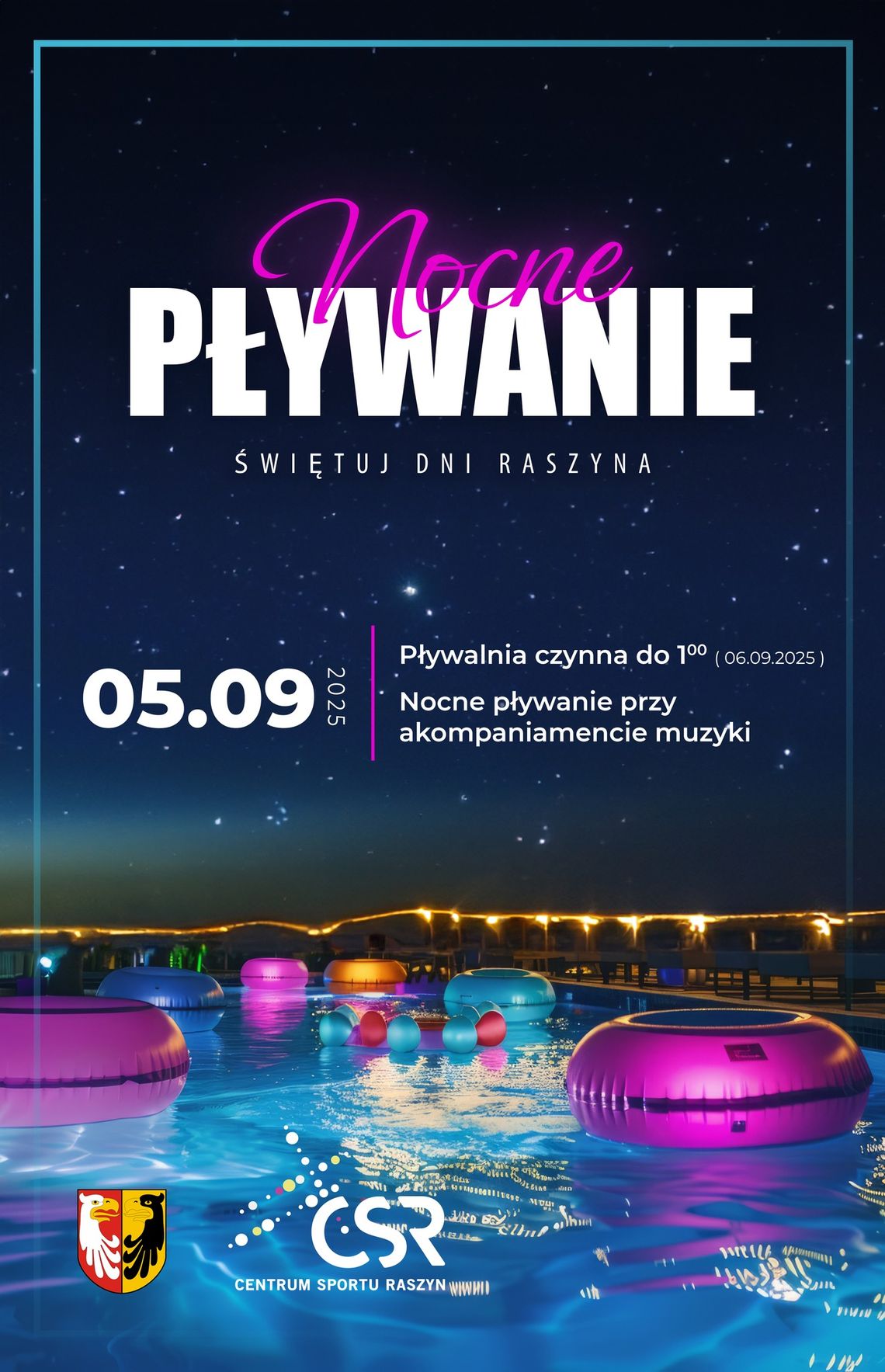 Nocne pływanie przy muzyce w Raszynie