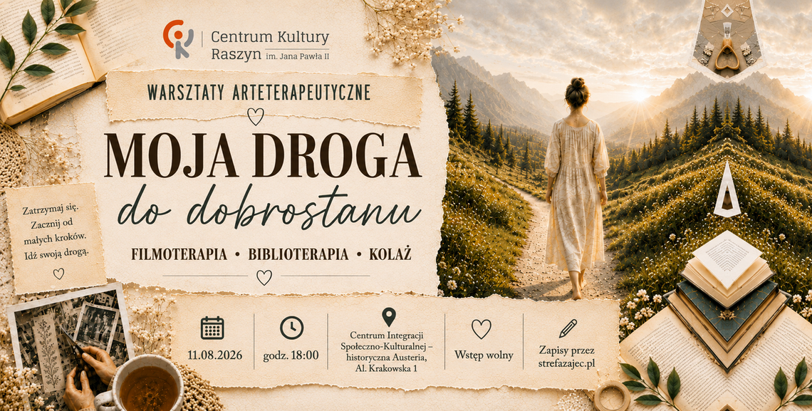 Warsztaty arteterapeutyczne: „Moja droga do dobrostanu” Filmoterapia · Biblioterapia · Kolaż Warsztaty arteterapeutyczne: „Moja droga do dobrostanu” Filmoterapia · Biblioterapia · Kolaż